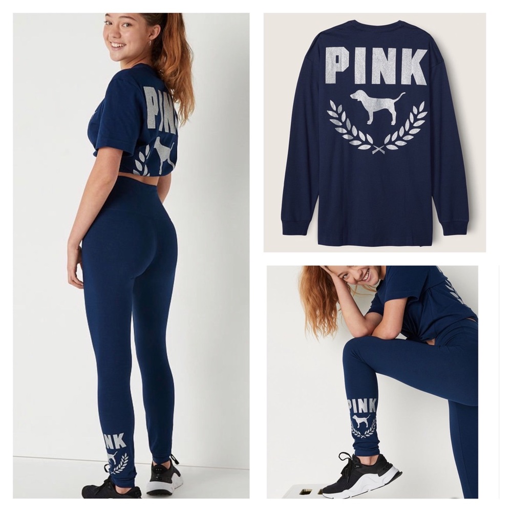 VS PINK bling shine logo campus Tee & high waist legging outfit set
